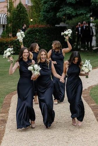 Chic High Neck Sleeveless Black Long Bridesmaid Dress