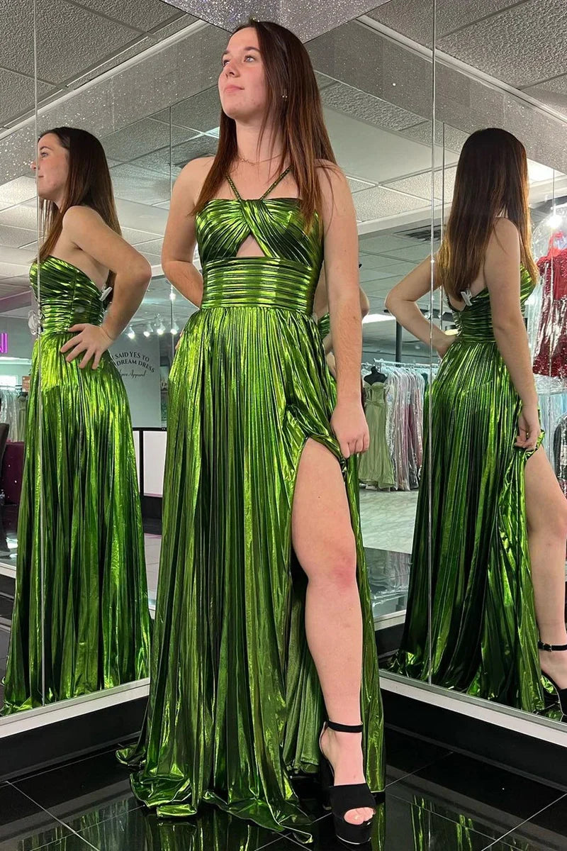 Satin A-Line Halter Pleated Long Party Prom Dress With Leg Slit