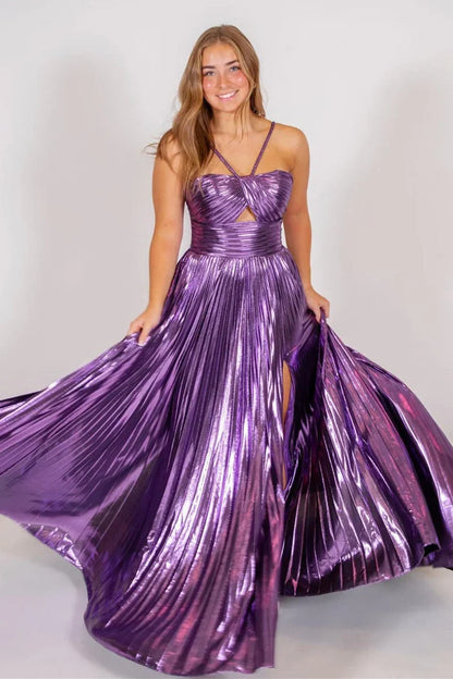 Satin A-Line Halter Pleated Long Party Prom Dress With Leg Slit