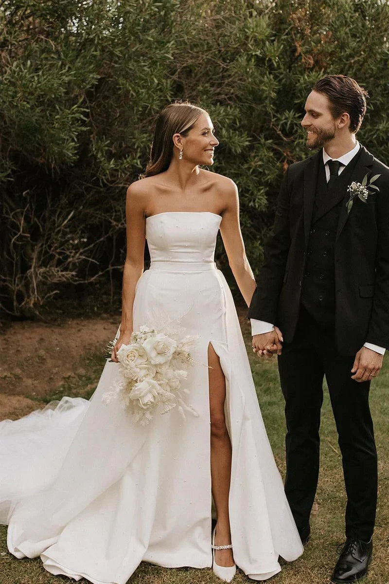 Chic Satin A-Line Strapless Empire Wedding Dress With Train