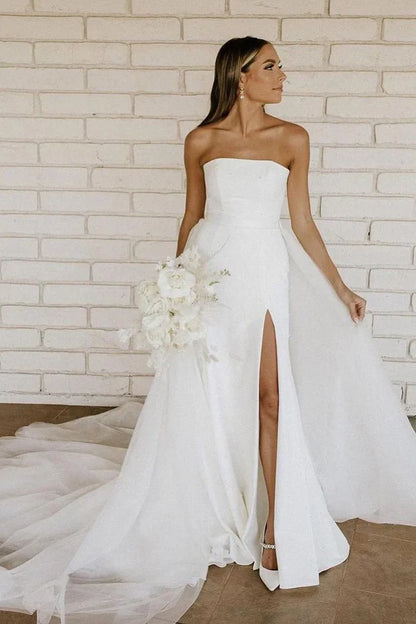 Chic Satin A-Line Strapless Empire Wedding Dress With Train