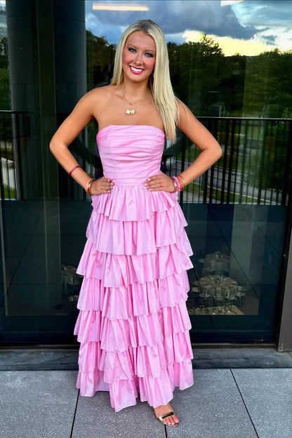 Chic Satin A-Line Strapless Tiered Prom Dress With Side Slit
