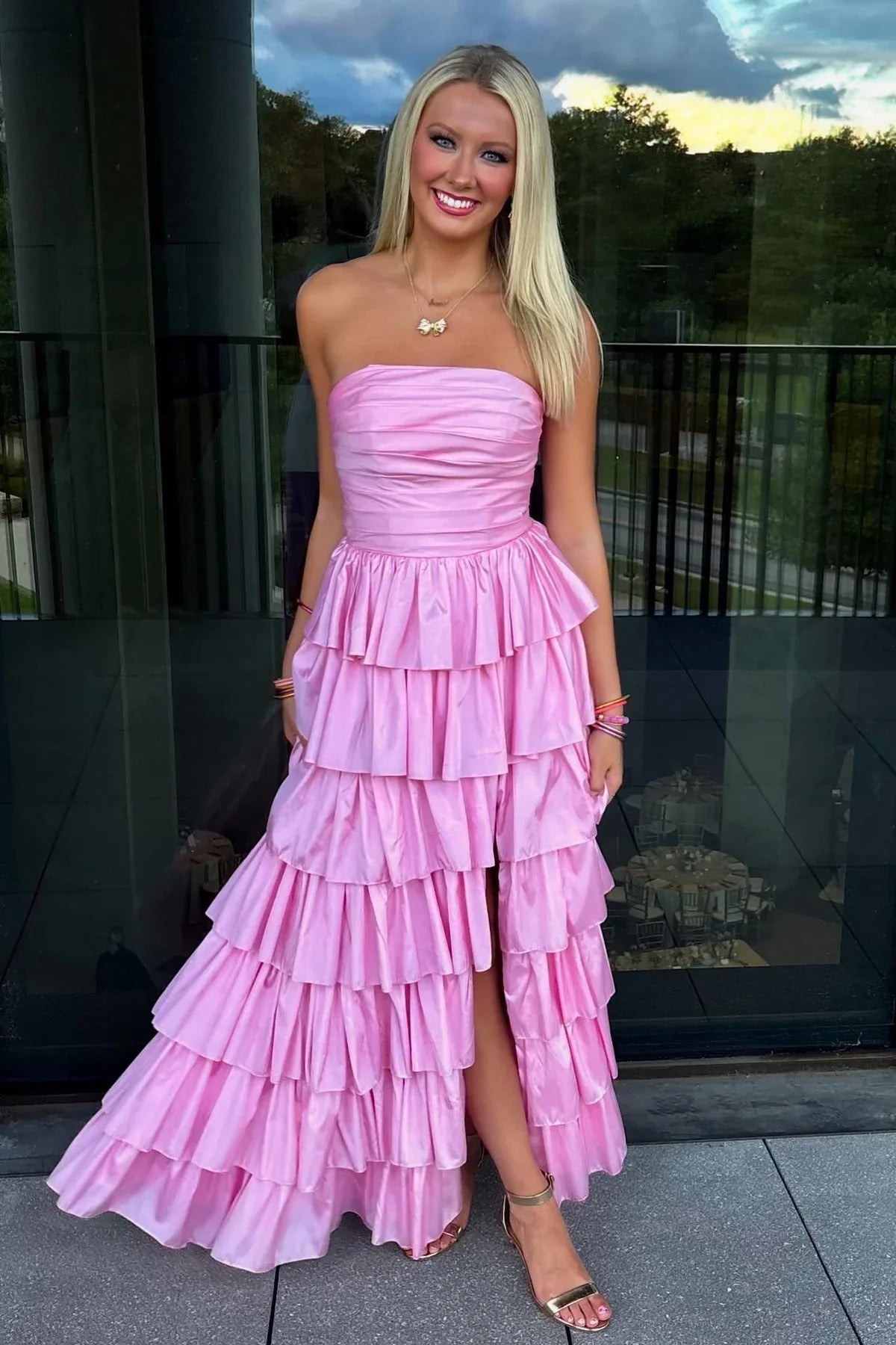 Chic Satin A-Line Strapless Tiered Prom Dress With Side Slit