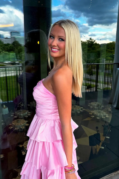 Chic Satin A-Line Strapless Tiered Prom Dress With Side Slit