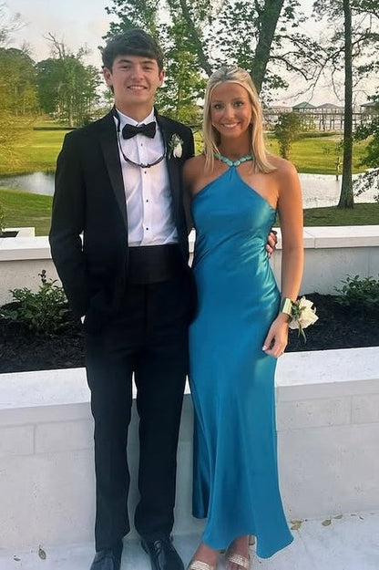 Chic Satin High Neck Sleeveless Long Party Prom Dress