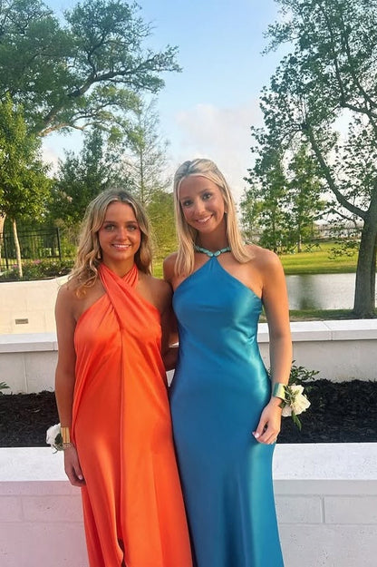 Chic Satin High Neck Sleeveless Long Party Prom Dress