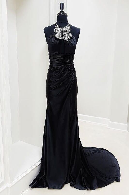 Chic Satin Mermaid Sleeveless Beaded Party Prom Dress