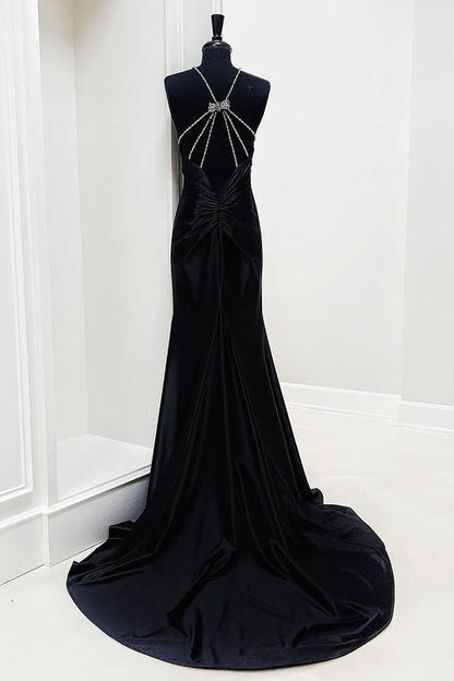 Chic Satin Mermaid Sleeveless Beaded Party Prom Dress