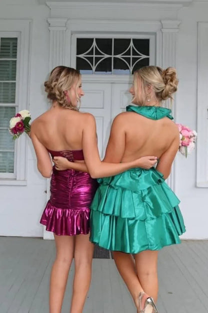 Chic Satin Strapless Pleated Mini Ruffle Homecoming Dress