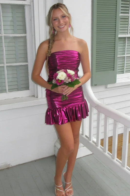 Chic Satin Strapless Pleated Mini Ruffle Homecoming Dress