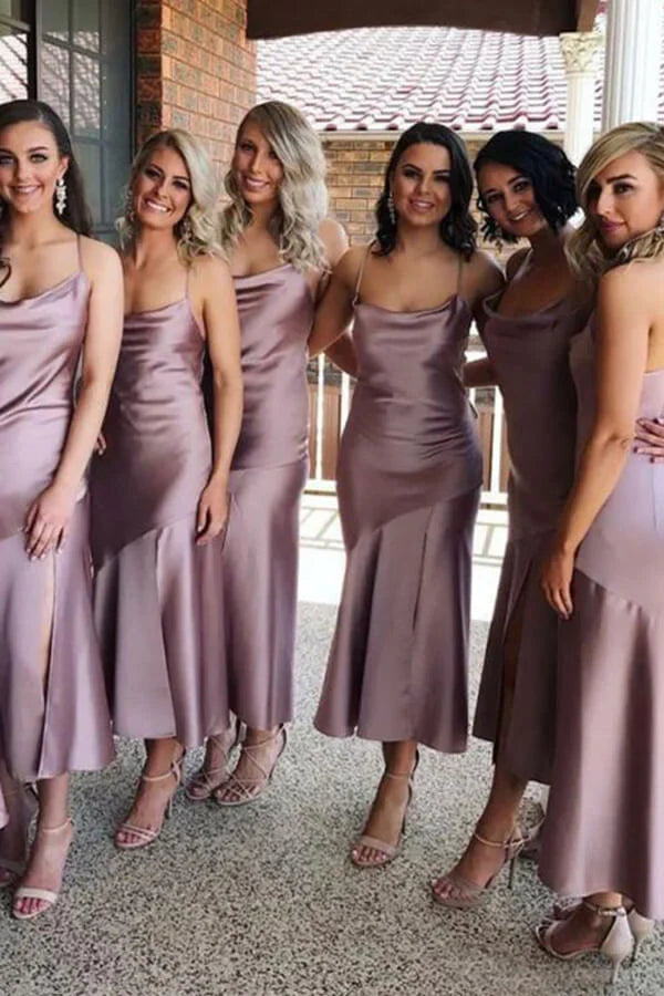 Chic Spaghetti Straps Bateau Bridesmaid Dress