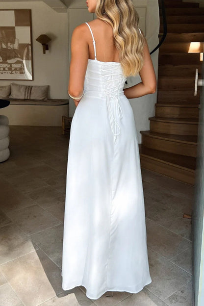 Chic Spaghetti Straps Satin A-Line Long Party Evening Dress