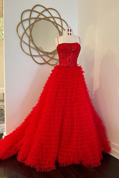 Chic Spaghetti Straps Tiered Tulle Empire A-Line Prom Dress