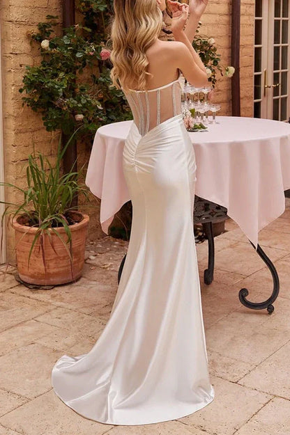 Chic Strapless Beaded Sheer Wedding Dress With Slit