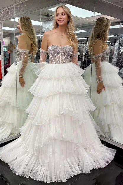 Chic Sweetheart Empire Prarls Tiered Tulle A-Line Party Prom Dress