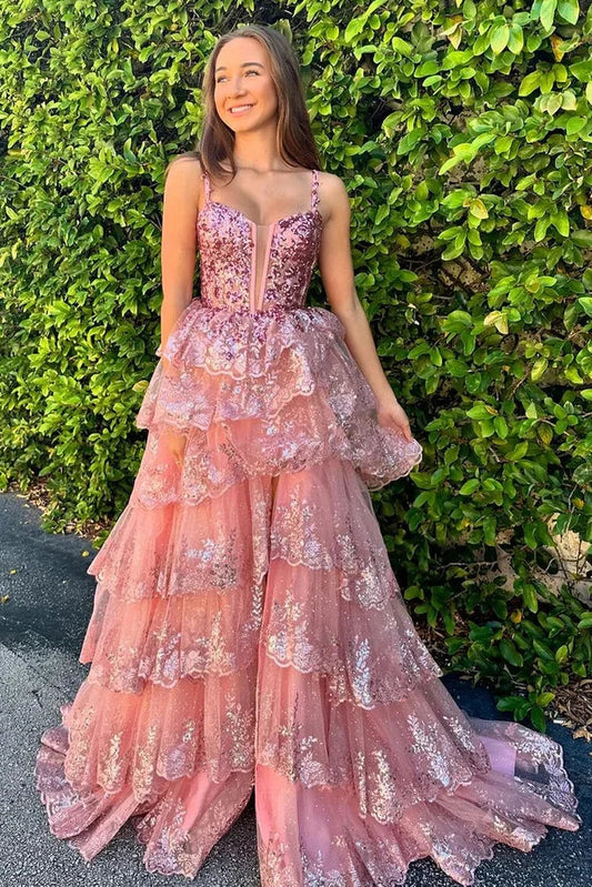 Chic Sweetheart Sleeveless Lace A-Line Tiered Party Prom Dress