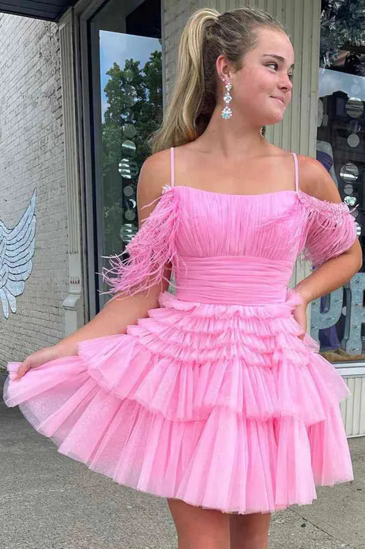 Chic Tulle A-Line Off-Shoulder Beaded Feathers Homecoming Dress