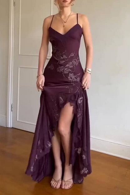 Chic V-Neck Spaghetti Straps Appliques Prom Party Dress