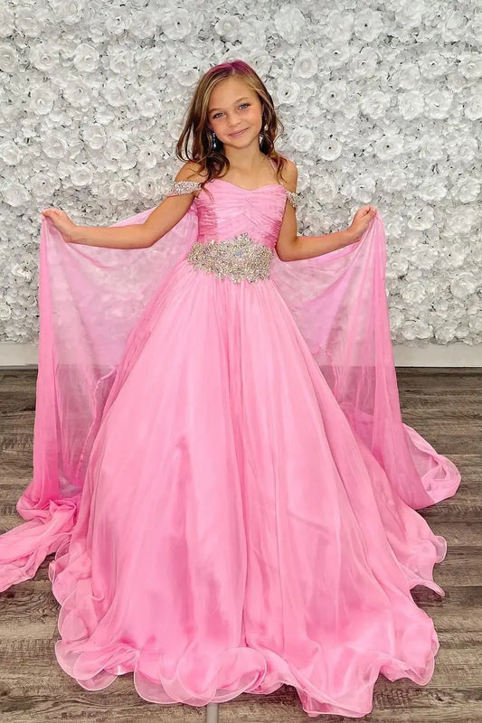 Chiffon A-Line Beaded Girl Pageant Dress With Train