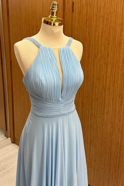 Chiffon A-Line Pleated Empire Sleeveless Long Party Prom Dress