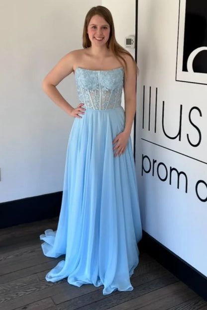 Chiffon A-Line Square Strapless Appliques Party Prom Dress