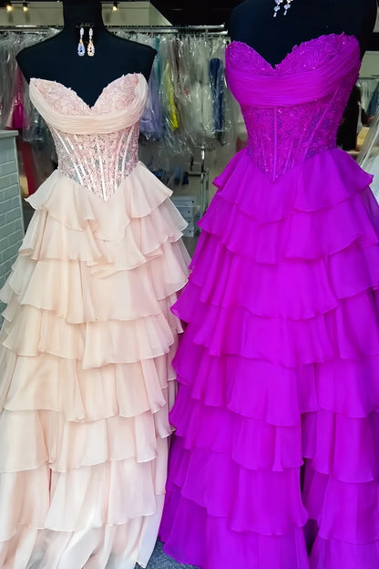 Chiffon A-Line Strapless Empire Tiered Party Prom Dress With Slit
