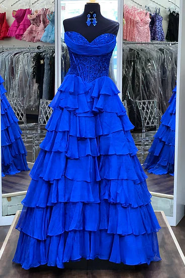 Chiffon A-Line Strapless Empire Tiered Party Prom Dress With Slit