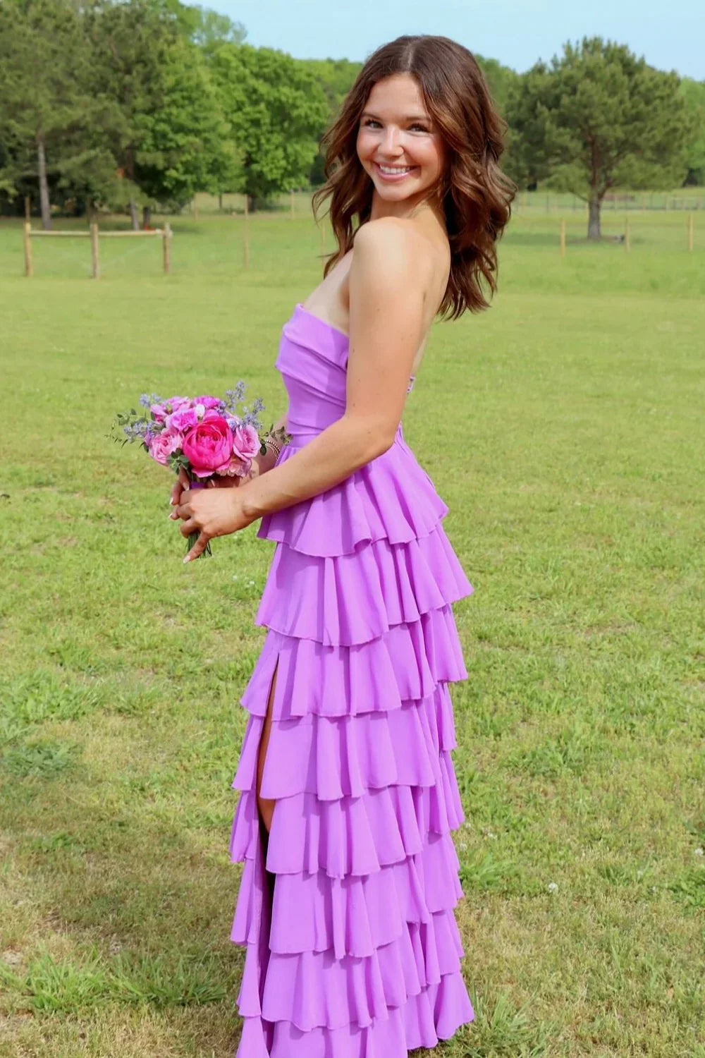 Chiffon A-Line Strapless Lace Up Tiered Party Prom Dress