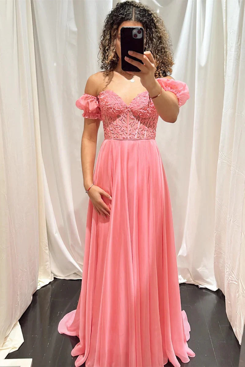 Chiffon A-Line Sweetheart Lace Appliques Lace Up Prom Dress