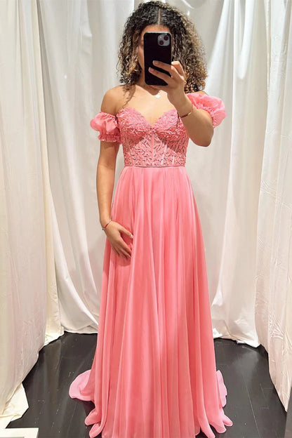 Chiffon A-Line Sweetheart Lace Appliques Lace Up Prom Dress
