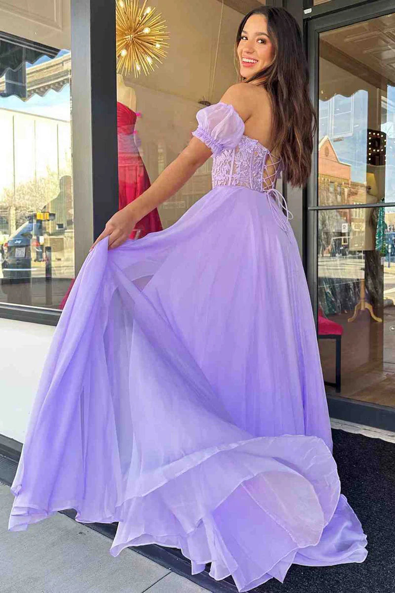 Chiffon A-Line Sweetheart Lace Appliques Lace Up Prom Dress