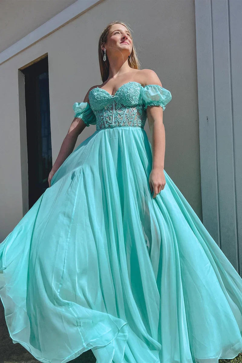 Chiffon A-Line Sweetheart Lace Appliques Lace Up Prom Dress