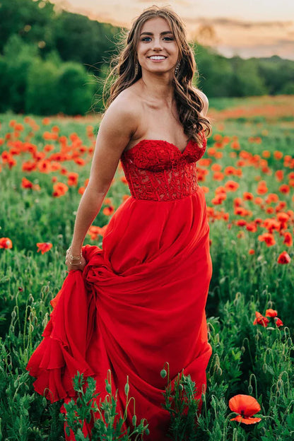 Chiffon A-Line Sweetheart Lace Appliques Lace Up Prom Dress