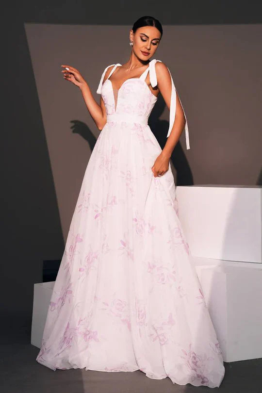 Chiffon A-Line Sweetheart Straps Floral Appliques Party Evening Dress