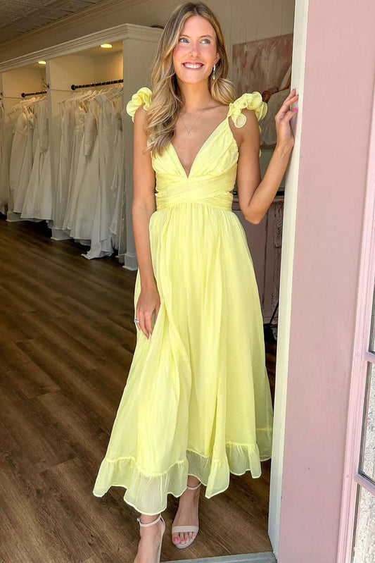 Chiffon A-Line V-Neck Ruffled Straps Party Prom Dress