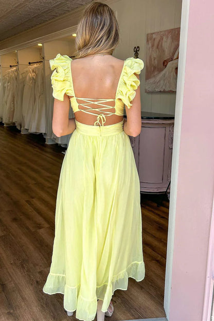 Chiffon A-Line V-Neck Ruffled Straps Party Prom Dress