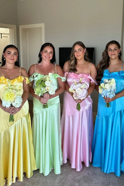 Colorful Ruffled Off-Shoulder Satin A-Line Long Bridesmaid Dress
