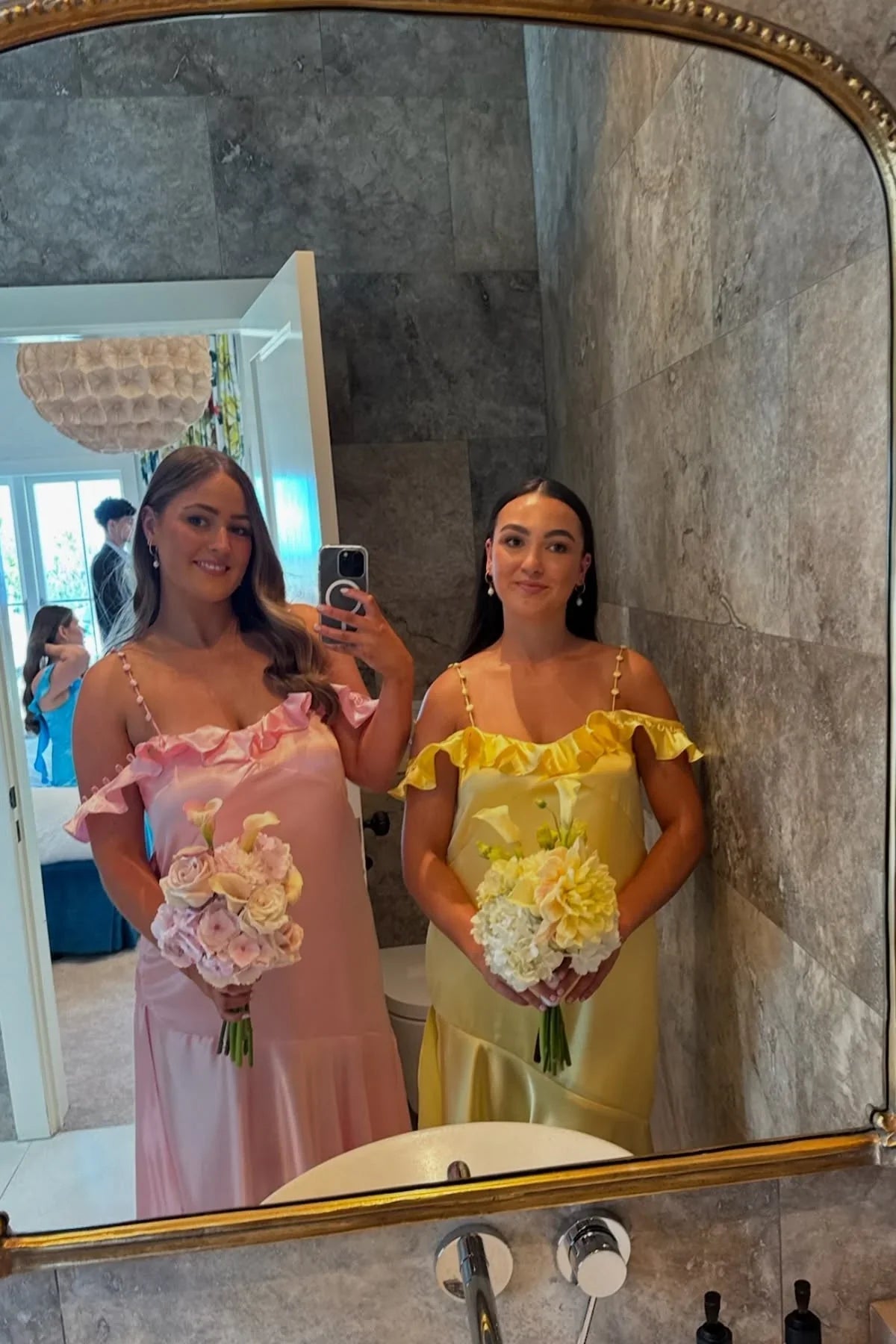 Colorful Ruffled Off-Shoulder Satin A-Line Long Bridesmaid Dress