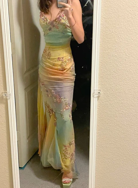Colorful Straps Appliques Tulle Mermaid Long Party Dress Retro Evening Dress, D571