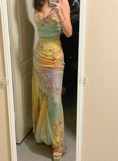 Colorful Straps Appliques Tulle Mermaid Long Party Dress Retro Evening Dress, D571