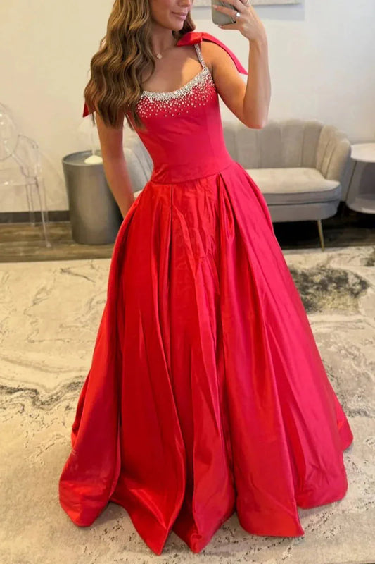 Beaded Bateau Straps A-Line Empire Long Party Prom Dress