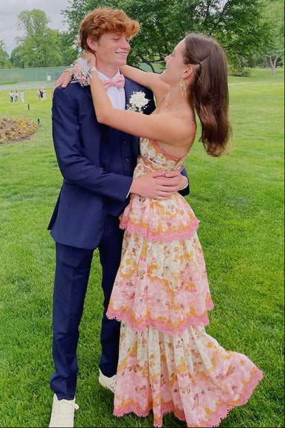 Cute A-Line Spaghetti Straps Tiered Floral Party Prom Dress