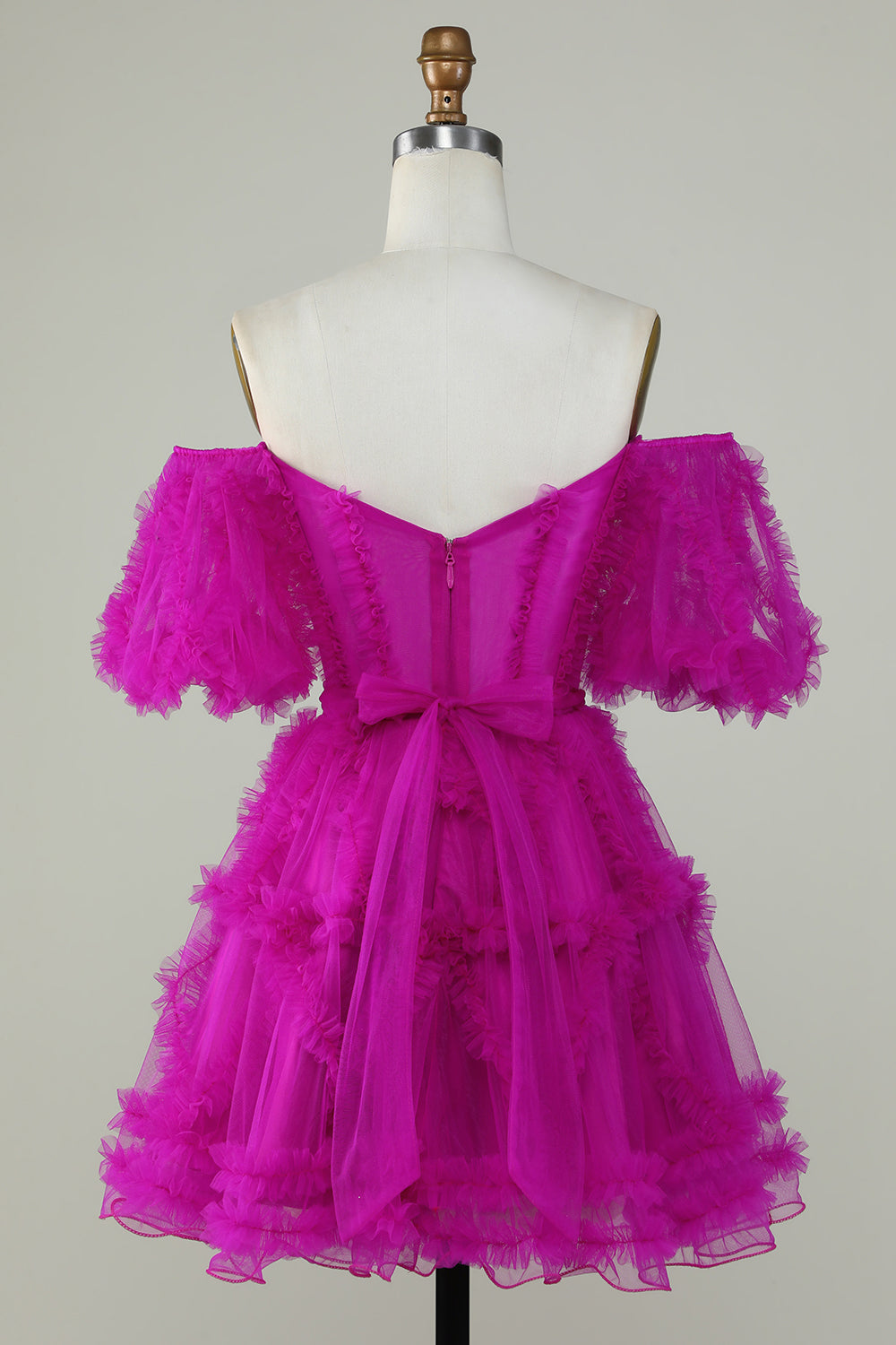 Blush Pink A-line Off-the-Shoulder Ruffled Puff Sleeves Homecoming Dress