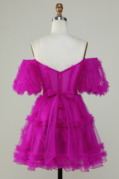 Blush Pink A-line Off-the-Shoulder Ruffled Puff Sleeves Homecoming Dress