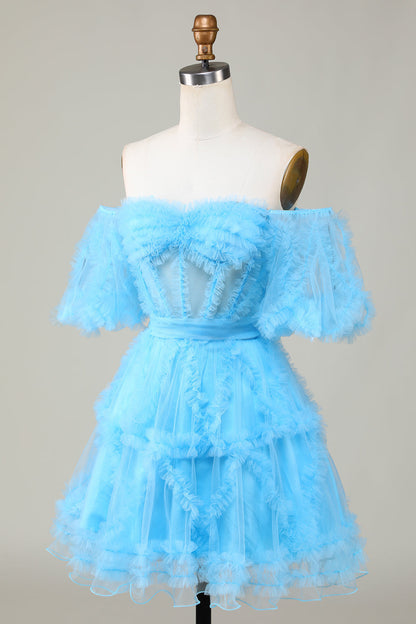 Blush Pink A-line Off-the-Shoulder Ruffled Puff Sleeves Homecoming Dress