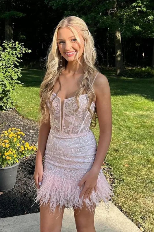 Cute Bateau Spaghetti Straps Bodycon Lace Homecoming Dress With Feathers