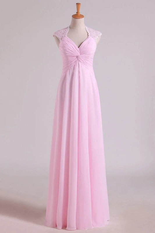 Cute Chiffon A-Line V-Neck Sleeves Lace Appliques Bridesmaid Dress