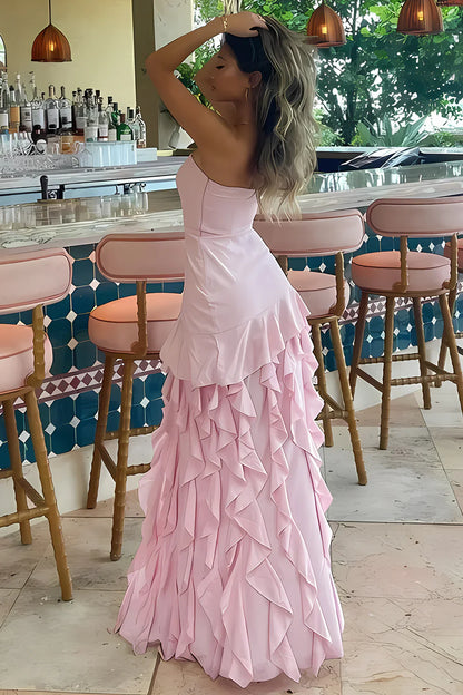 Strapless Empire Satin A-Line Ruffled Party Prom Dress With High Slit