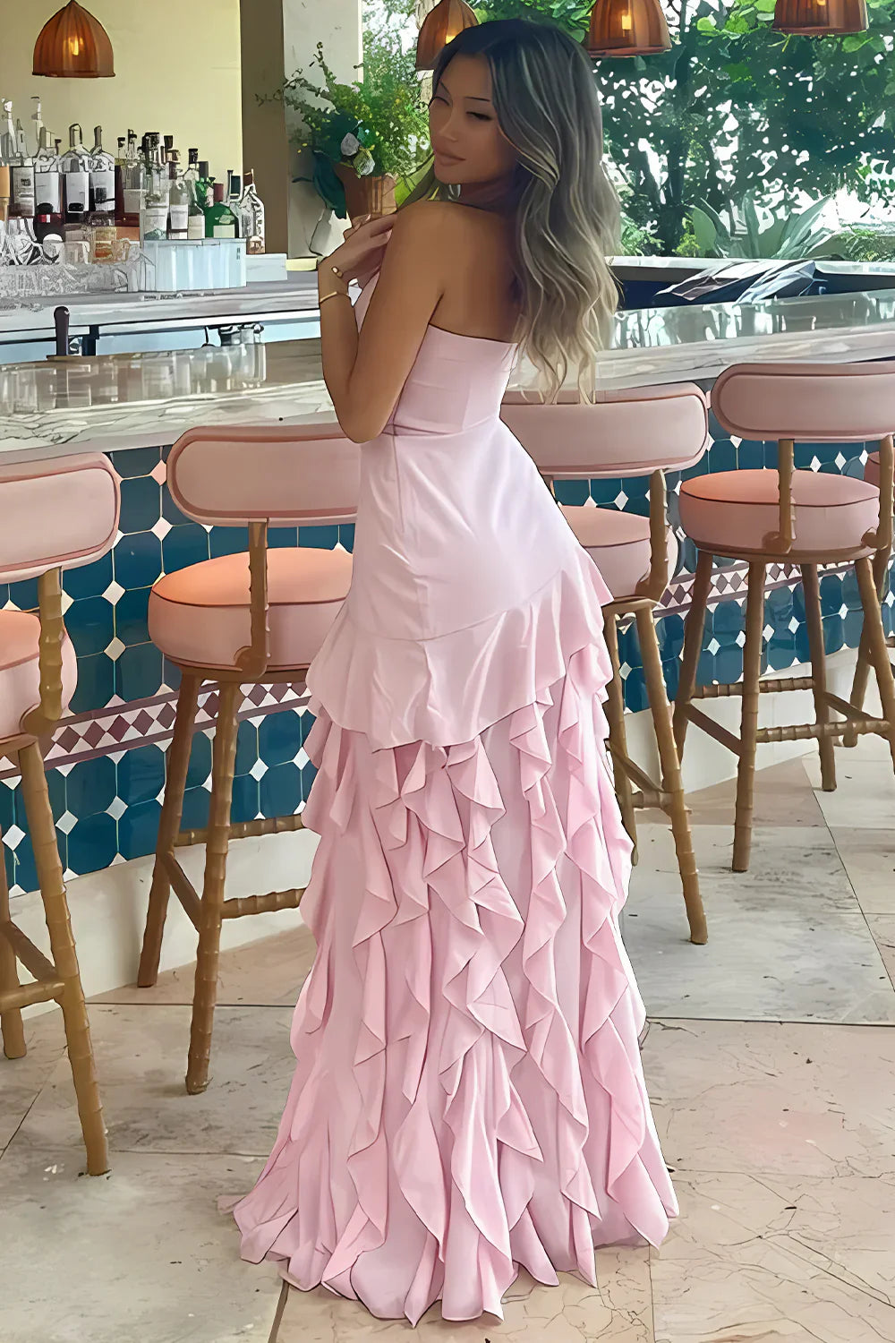 Cute Pink Strapless Empire Ruffled Party Prom Dress With Slit