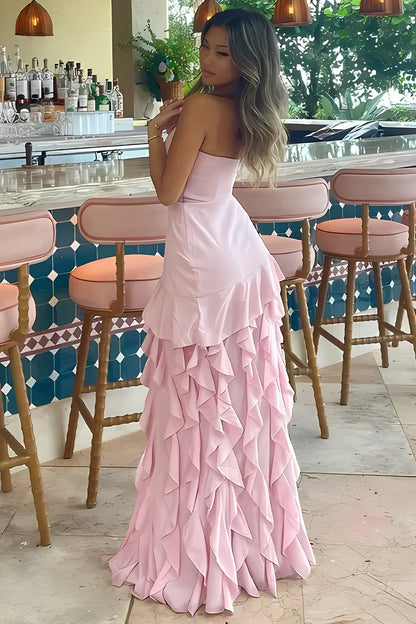 Cute Pink Strapless Empire Ruffled Party Prom Dress With Slit
